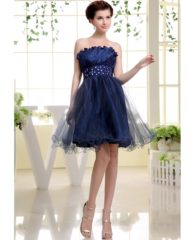 A-line Strapless Short Tulle Prom Dress With Beading - Click Image to Close