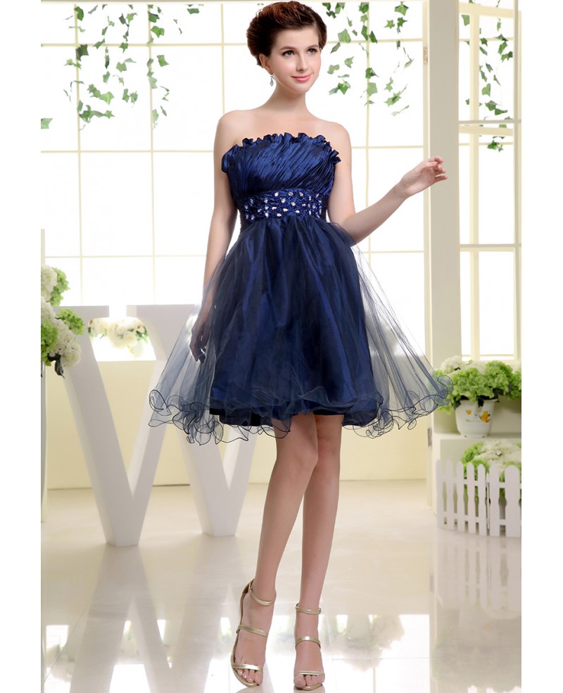 A-line Strapless Short Tulle Prom Dress With Beading