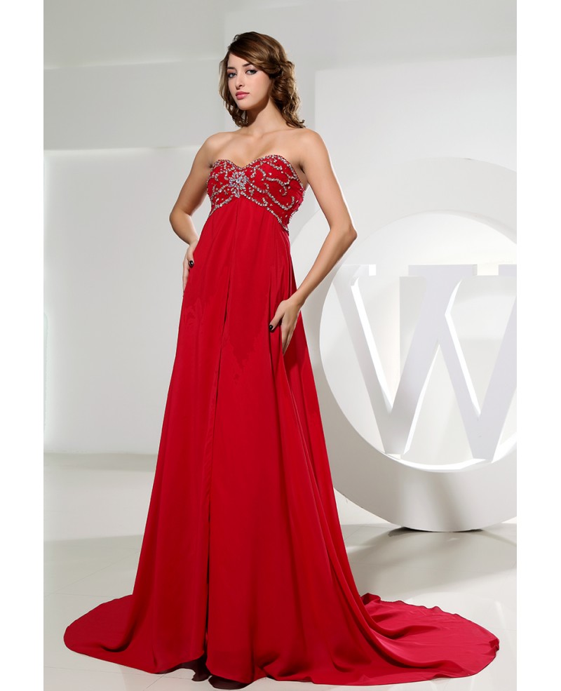 A-line Sweetheart Court Train Chiffon Evening Dress With Beading