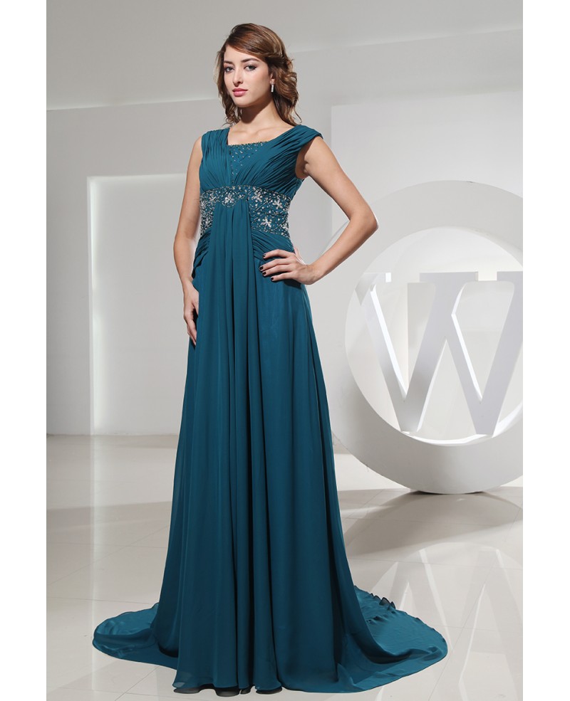 A-line Square Neckline Sweep Train Chiffon Evening Dress With Beading