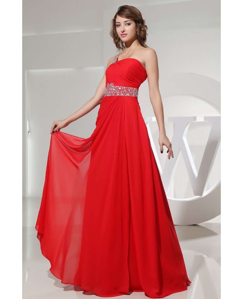 A-line One-shoulder Floor-length Chiffon Prom Dress With Beading - Click Image to Close