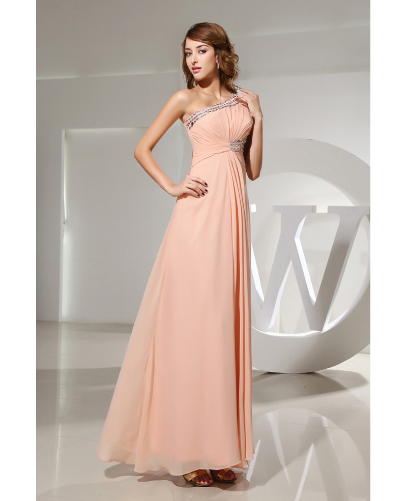 A-line One-shoulder Ankle-length Chiffon Prom Dress With Beading