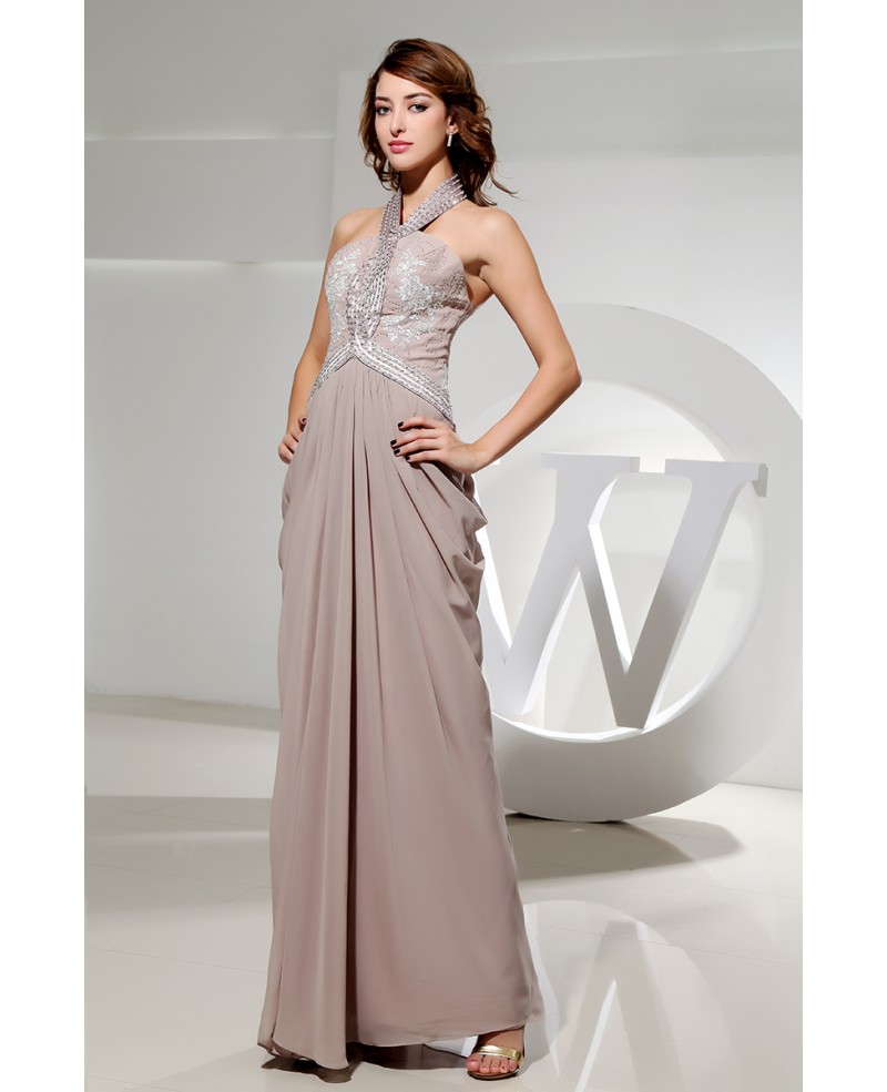 Sheath Halter Floor-length Satin Prom Dress With Beading