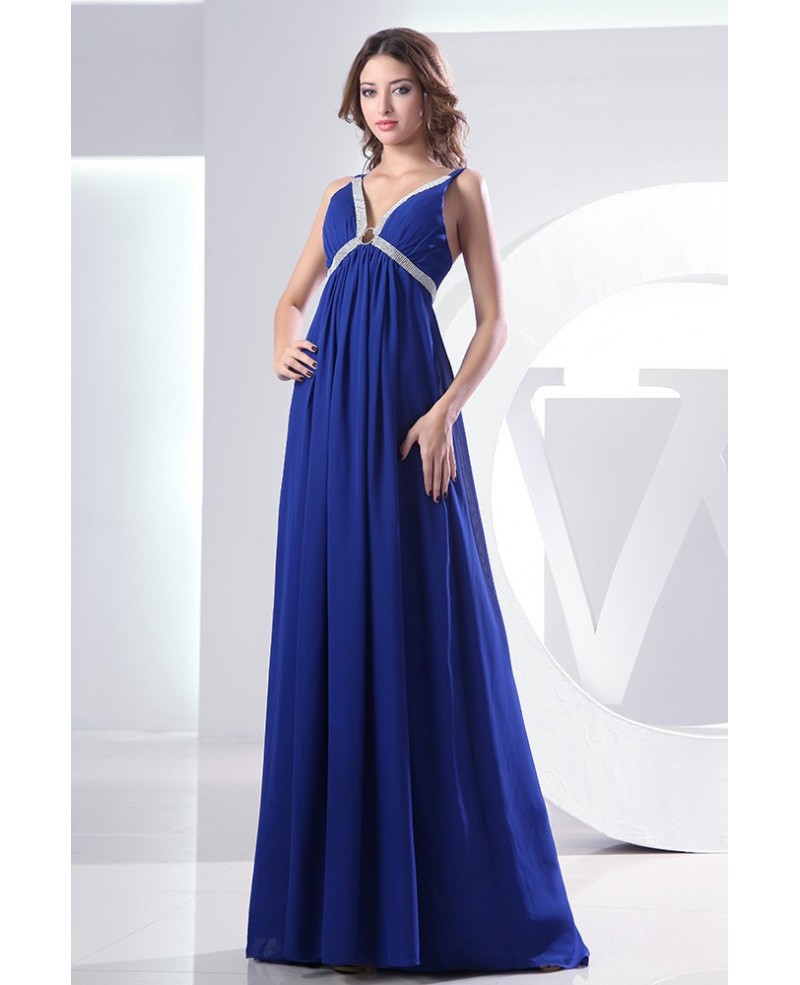 Empire V-neck Sweep Train Chiffon Evening Dress With Beading