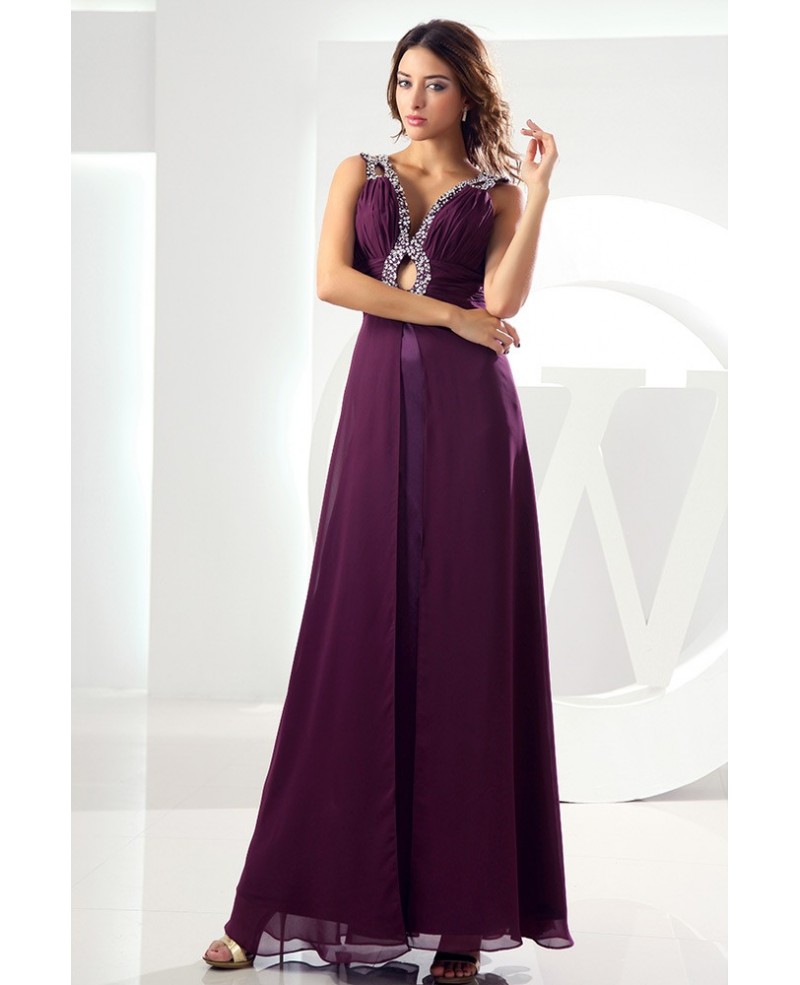 A-line V-neck Floor-length Chiffon Evening Dress With Beading - Click Image to Close
