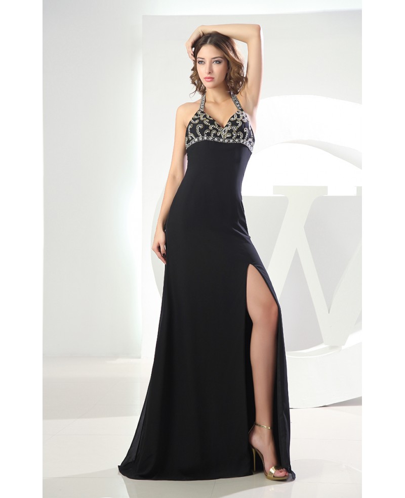 A-line Halter Floor-length Chiffon Evening Dress With Beading