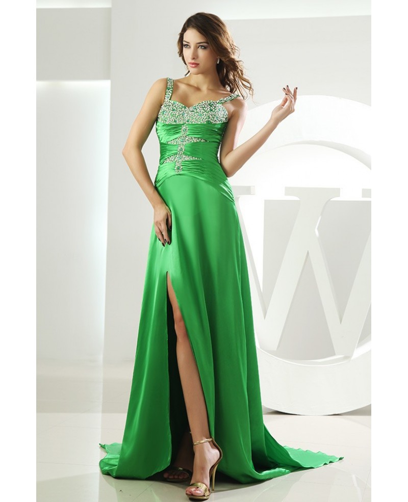 Sheath Sweetheart Sweep Train Satin Prom Dress With Beading