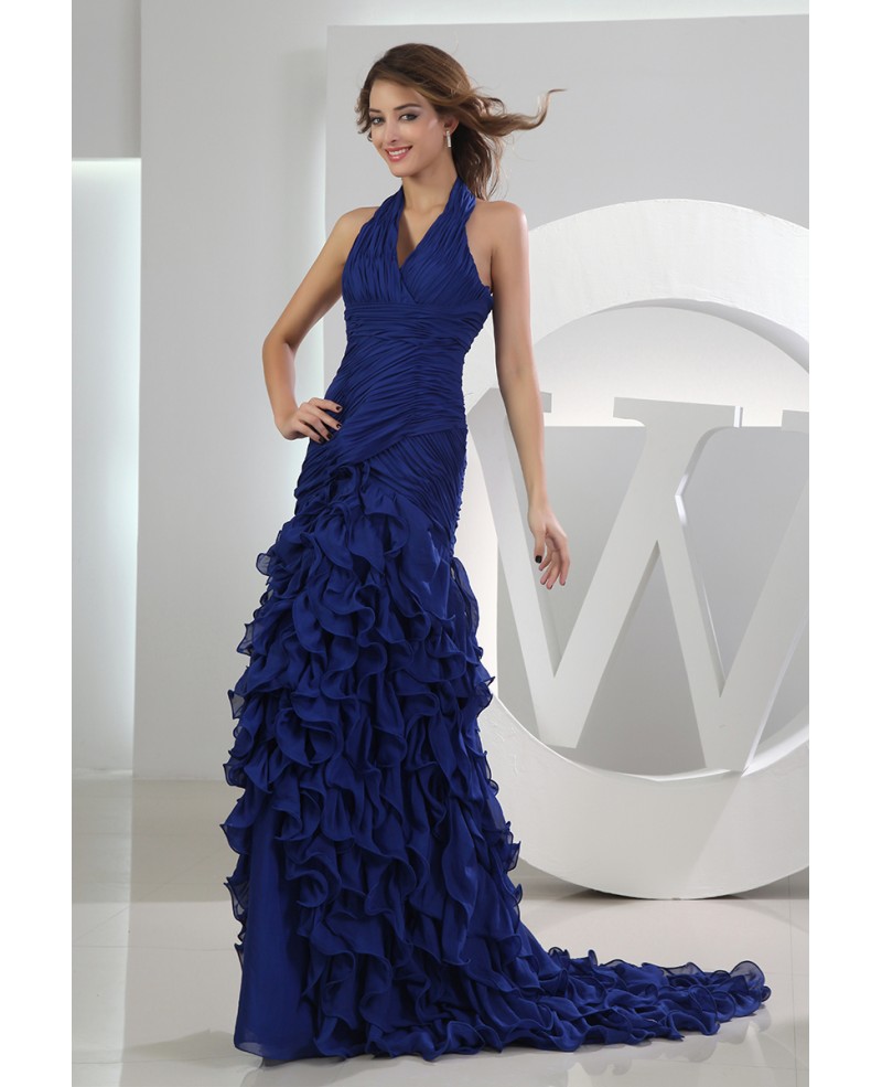 Sheath Halter Sweep Train Chiffon Evening Dress With Cascading Ruffle