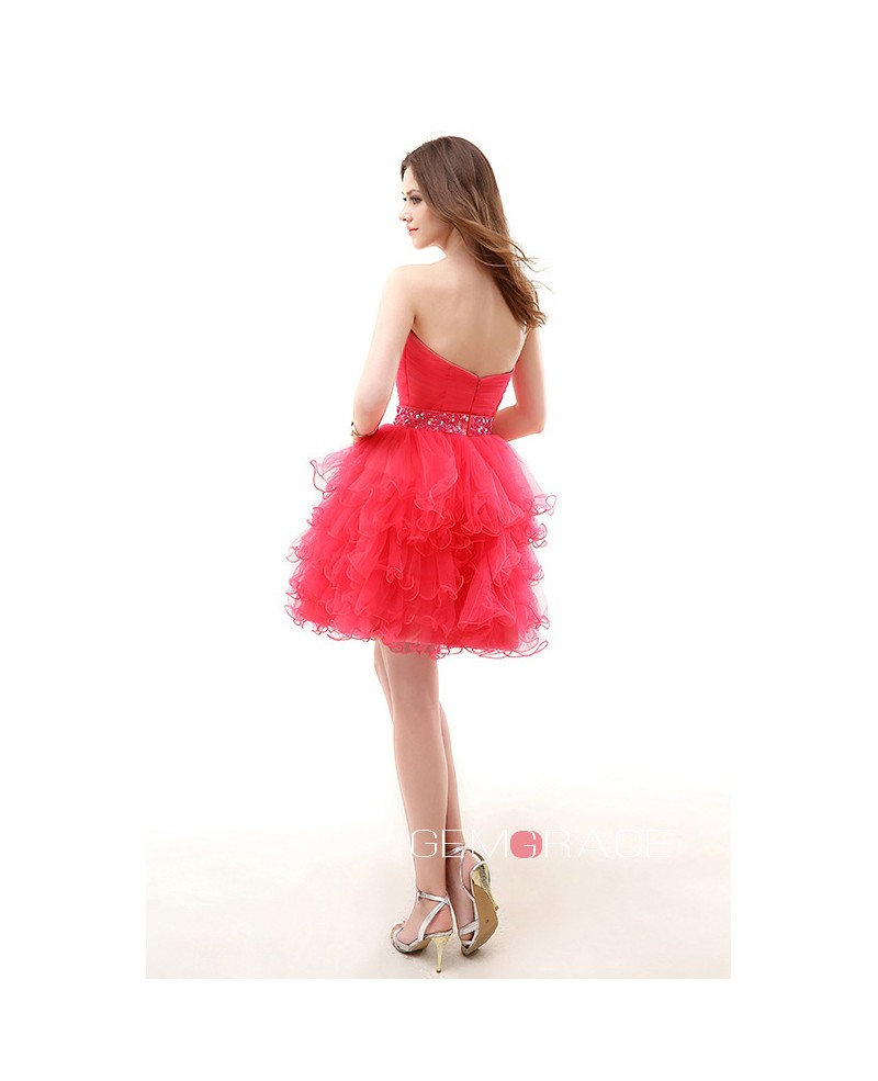 A-Line Sweetheart Short Tulle Prom Dress With Beading Cascading Ruffles - Click Image to Close