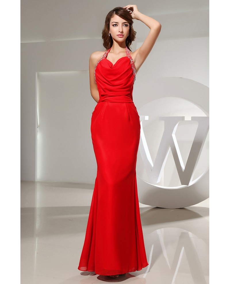Mermaid Halter Ankle-length Chiffon Evening Dress With Beading - Click Image to Close