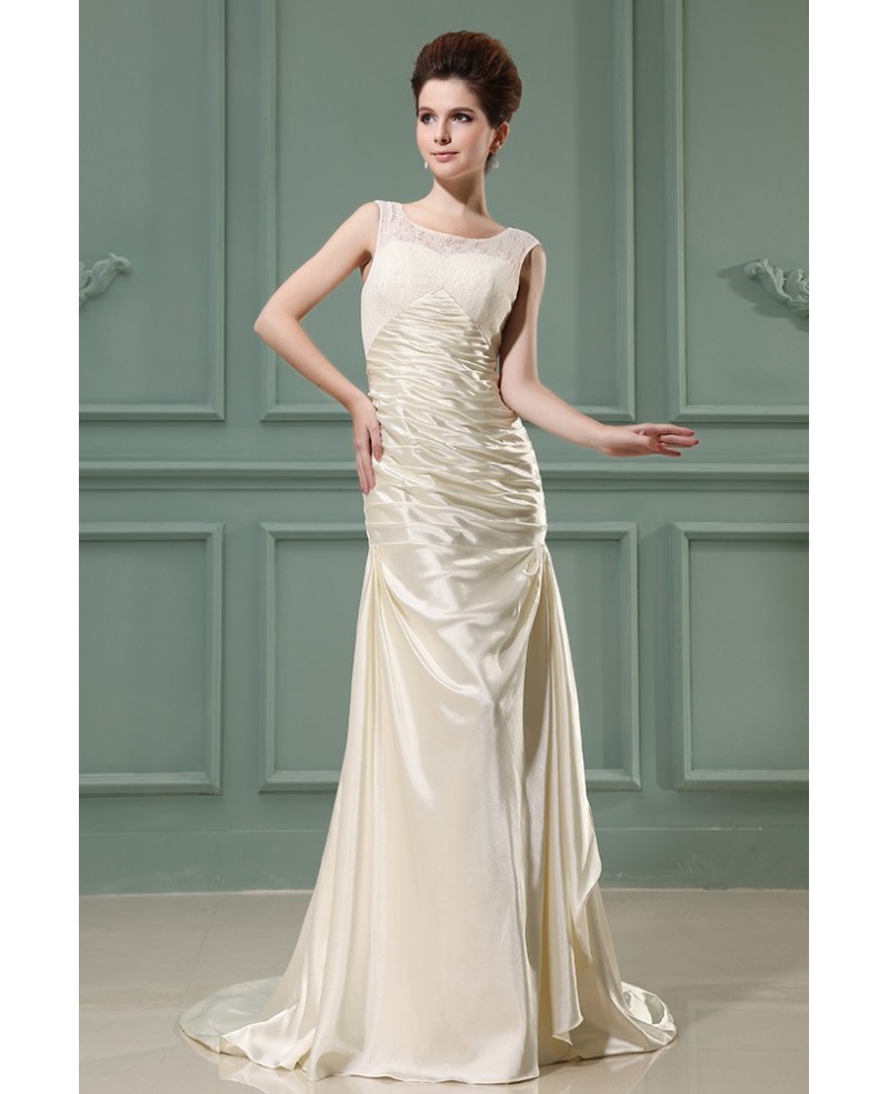 Sheath Scoop Neck Sweep Train Satin Evening Dress With Lace