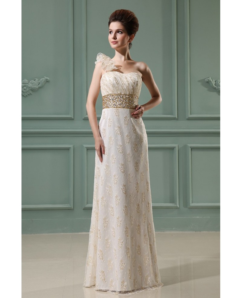 A-line One-shoulder Floor-length Lace Evening Dress With Beading - Click Image to Close