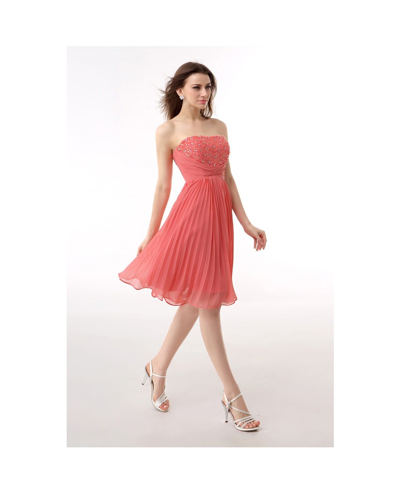 A-Line Strapless Short Chiffon Prom Dress With Beading Ruffles