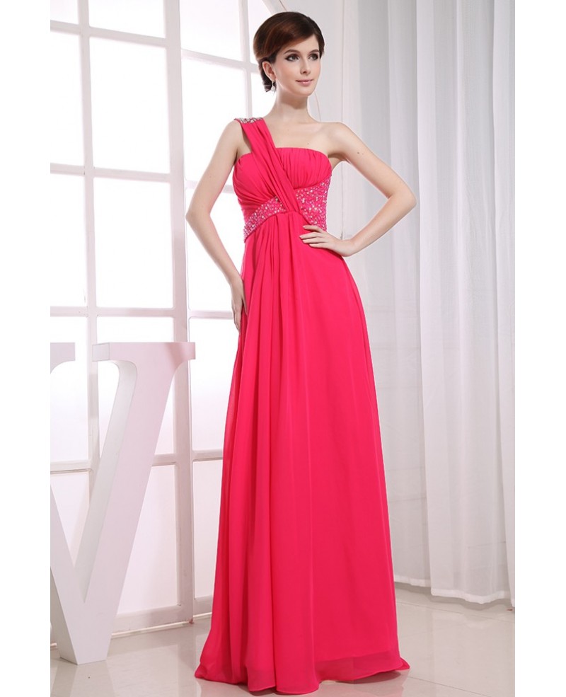 A-line One-shoulder Floor-length Chiffon Prom Dress With Beading