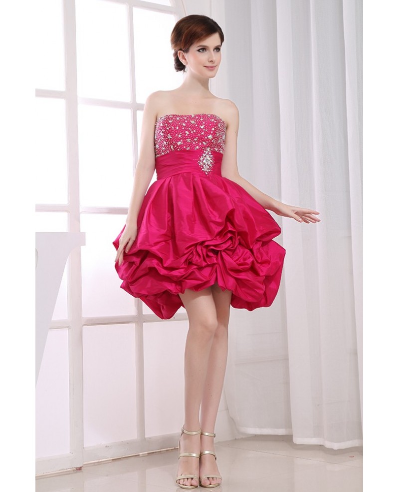 A-line Strapless Short Satin Prom Dress With Cascading Ruffle