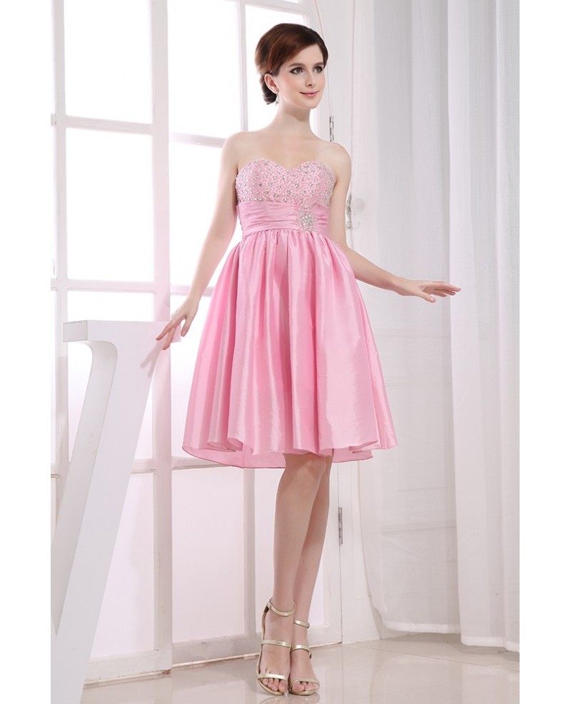 A-line Strapless Knee-length Satin Homecoming Dress With Beading - Click Image to Close