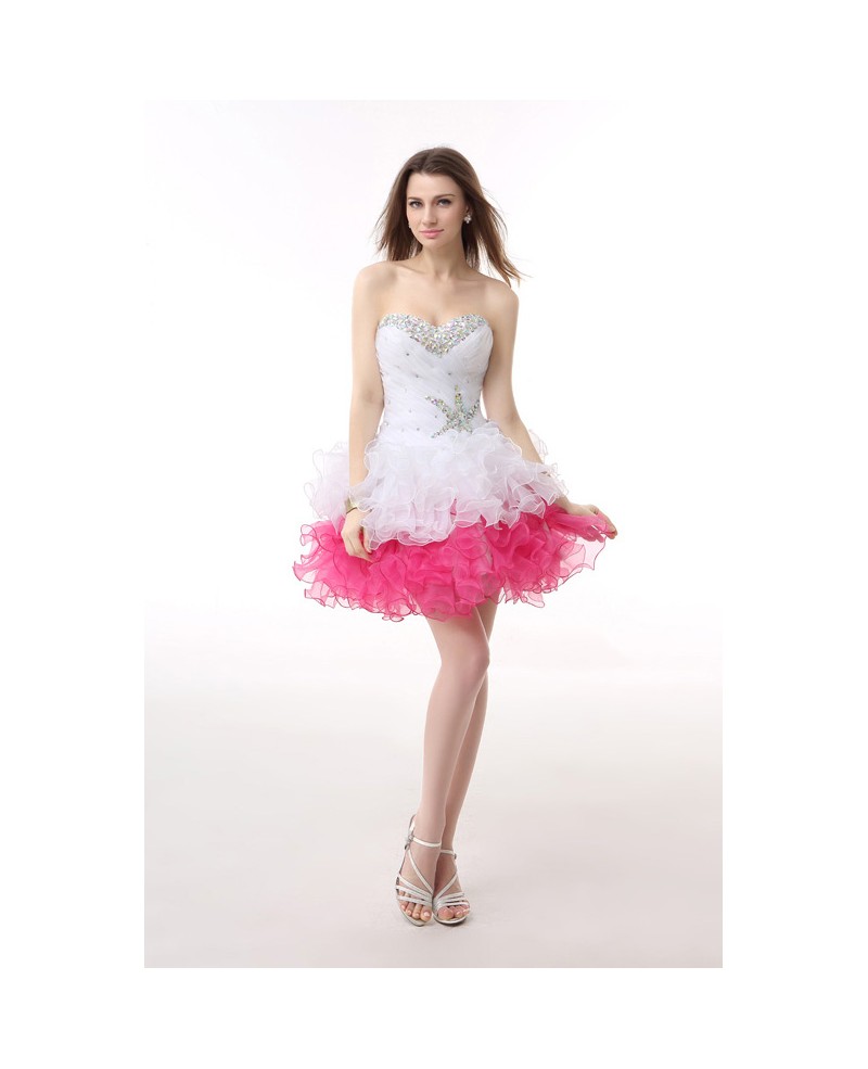 A-Line Sweetheart Short Tulle Prom Dress With Beading Cascading Ruffles - Click Image to Close