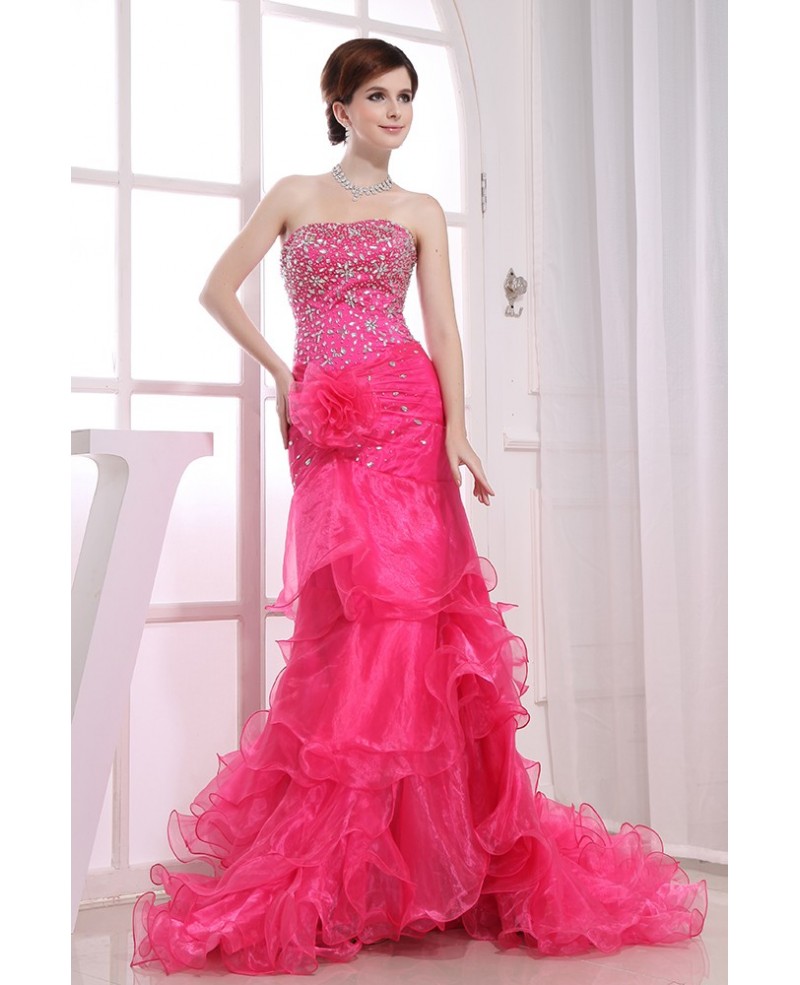 Mermaid Strapless Sweep Train Tulle Prom Dress With Beading - Click Image to Close