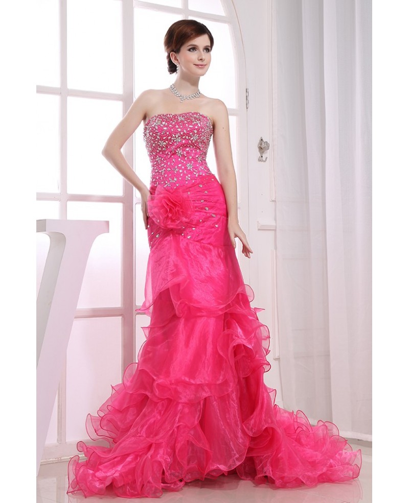 Mermaid Strapless Sweep Train Tulle Prom Dress With Beading