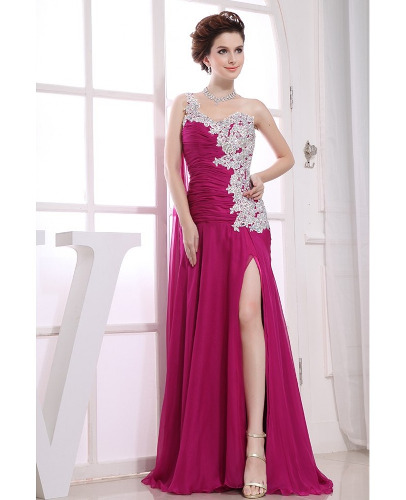 Sheath One-shoulder Floor-length Chiffon Prom Dress With Appliques Lace - Click Image to Close