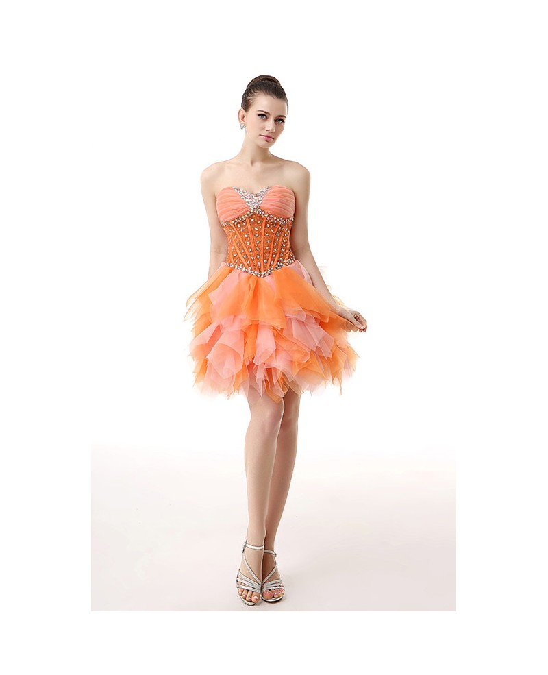 A-Line Sweetheart Short Chiffon Prom Dress With Beading Cascading Ruffles - Click Image to Close