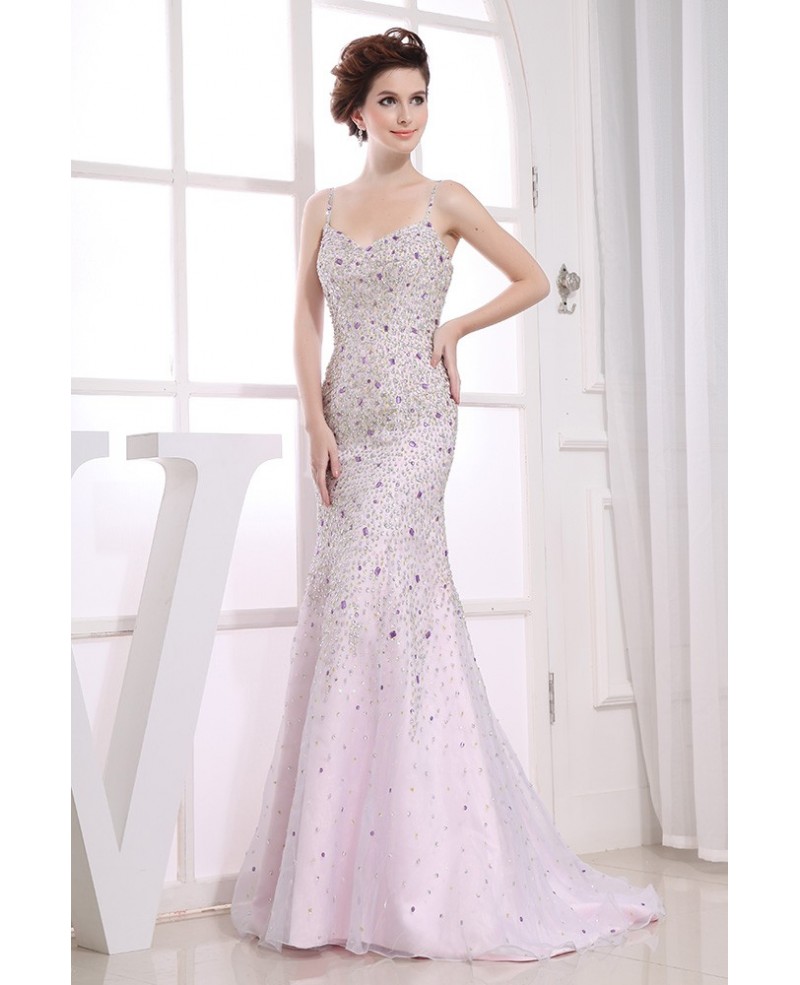Mermaid V-neck Sweep Train Tulle Evening Dress With Beading
