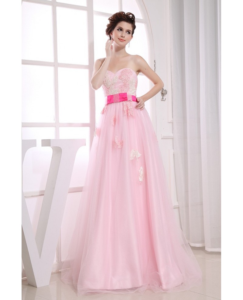 A-line Sweetheart Floor-length Tulle Prom Dress With Appliques Lace