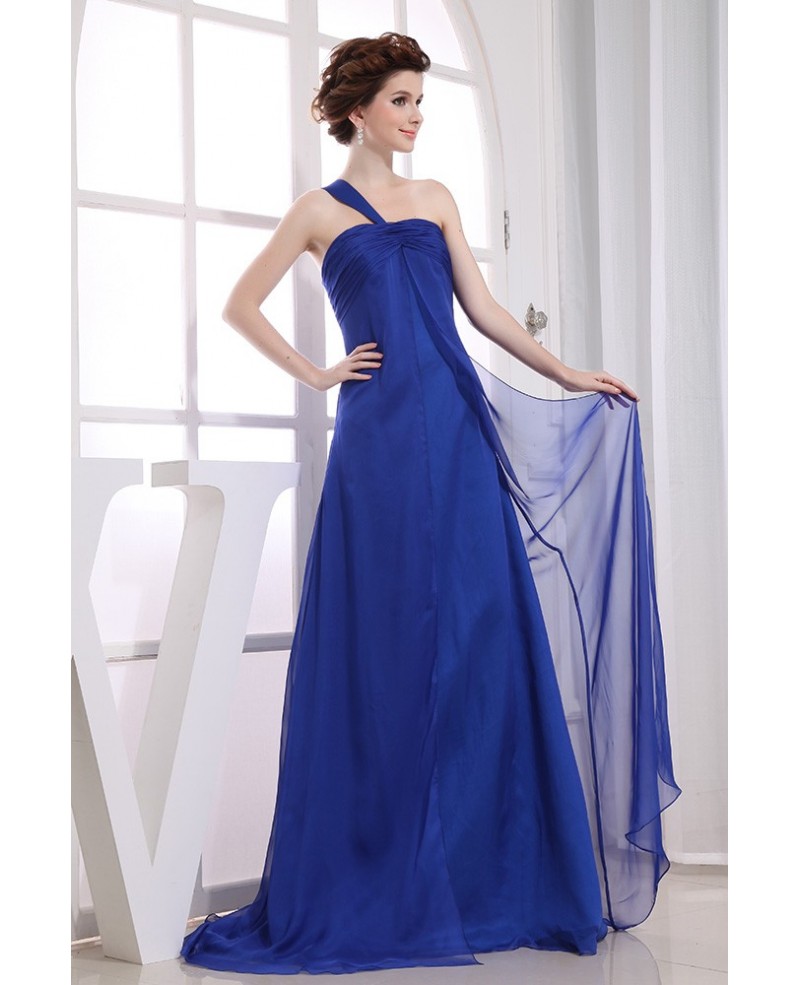 A-line One-shoulder Sweep Train Chiffon Evening Dress