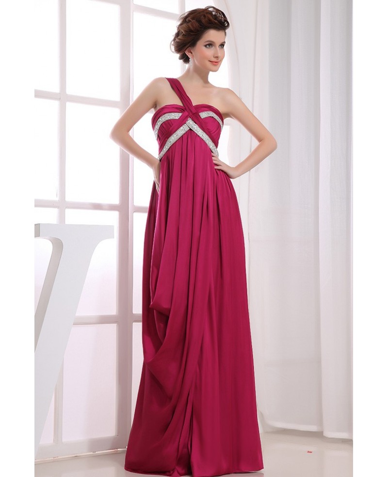 A-line One-shoulder Floor-length Satin Evening Dress With Beading - Click Image to Close