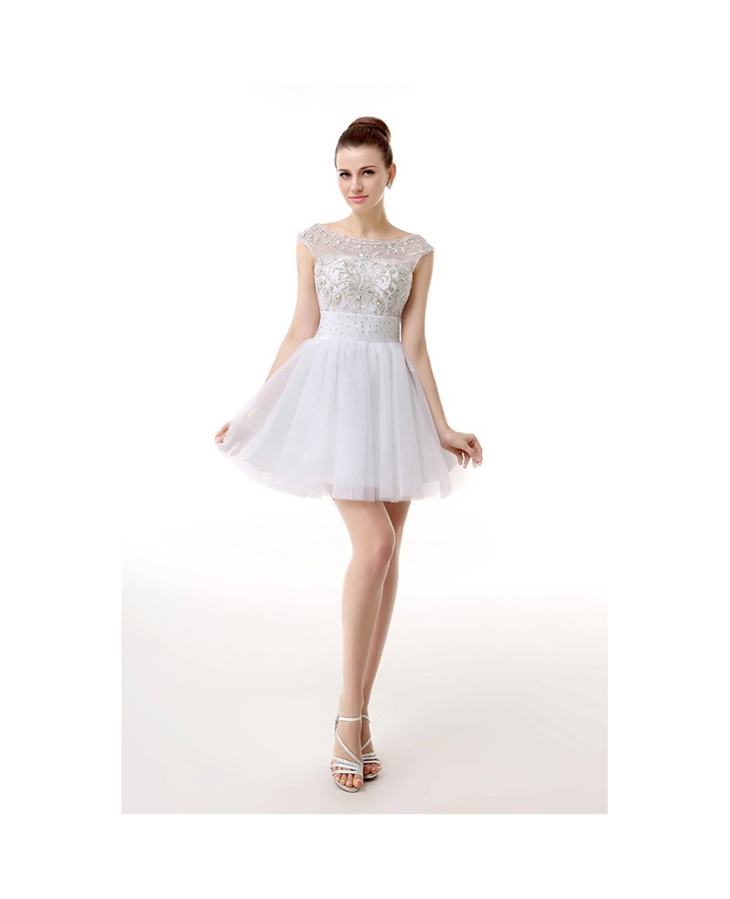 A-Line Scoop Neck Short Tulle Prom Dress With Beading - Click Image to Close