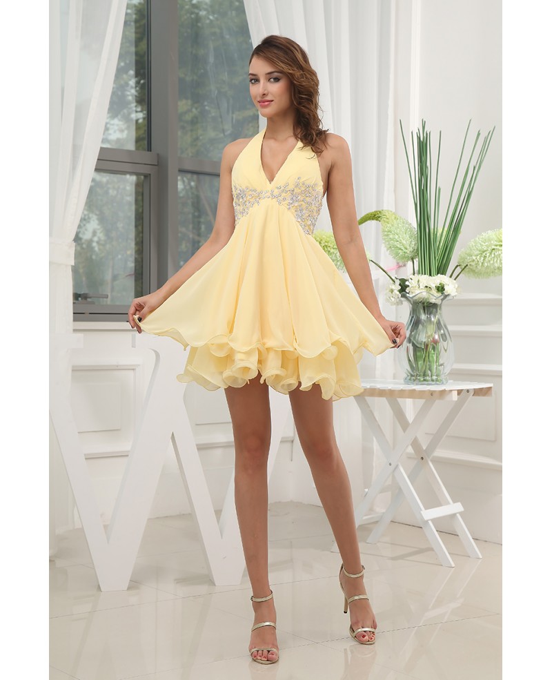 A-line Halter Short Chiffon Homecoming Dress With Beading - Click Image to Close