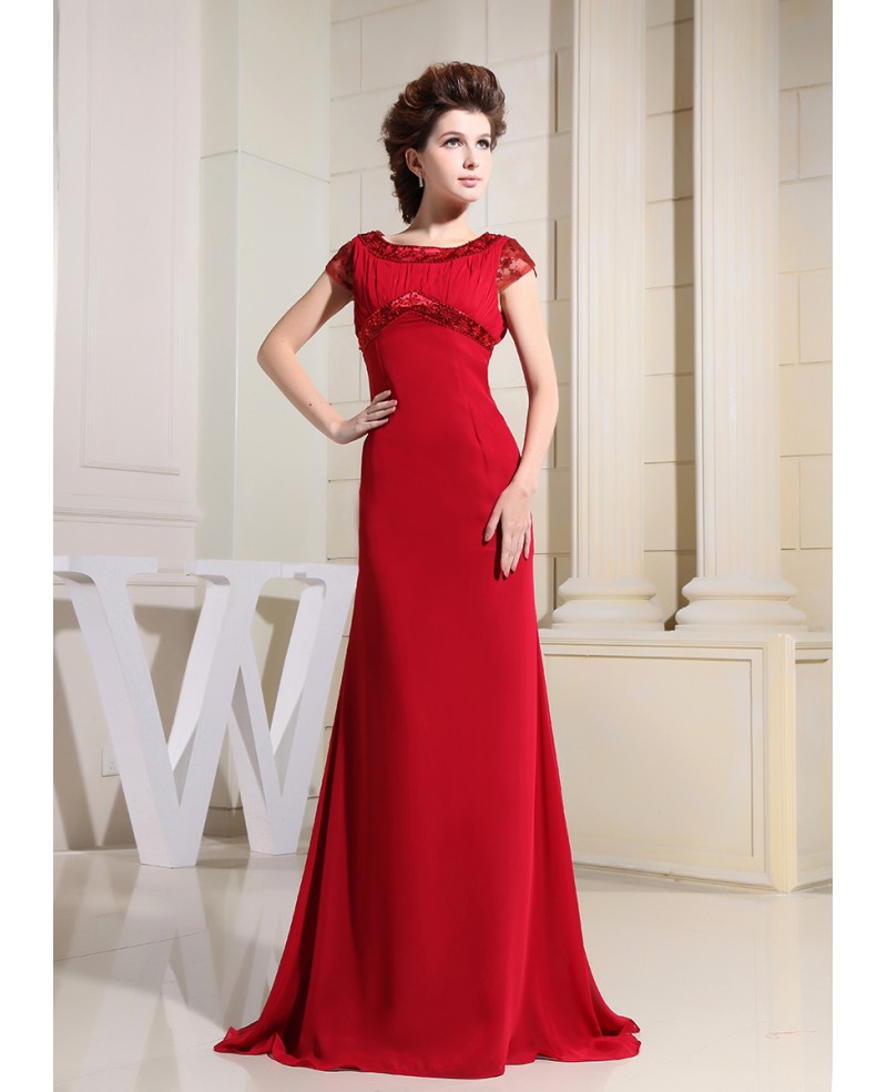 A-line Scoop Neck Sweep Train Chiffon Evening Dress With Lace