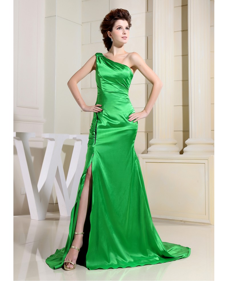 Sheath One-shoulder Sweep Train Satin Evening Dress