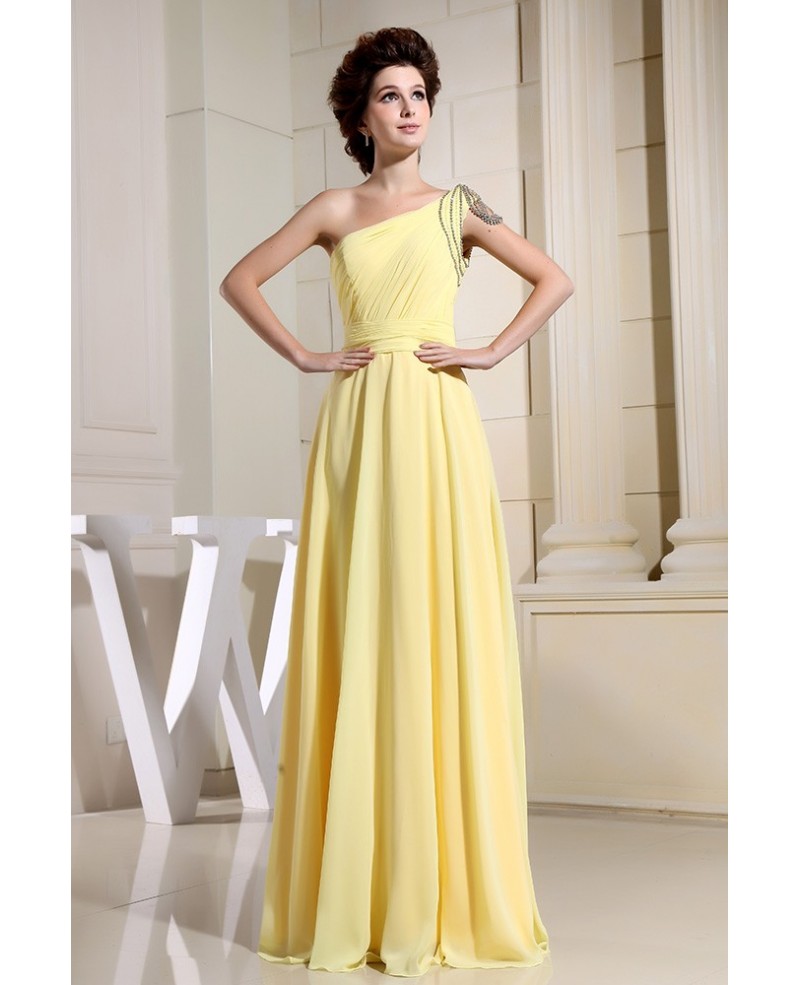 A-line One-shoulder Floor-length Chiffon Prom Dress With Beading - Click Image to Close