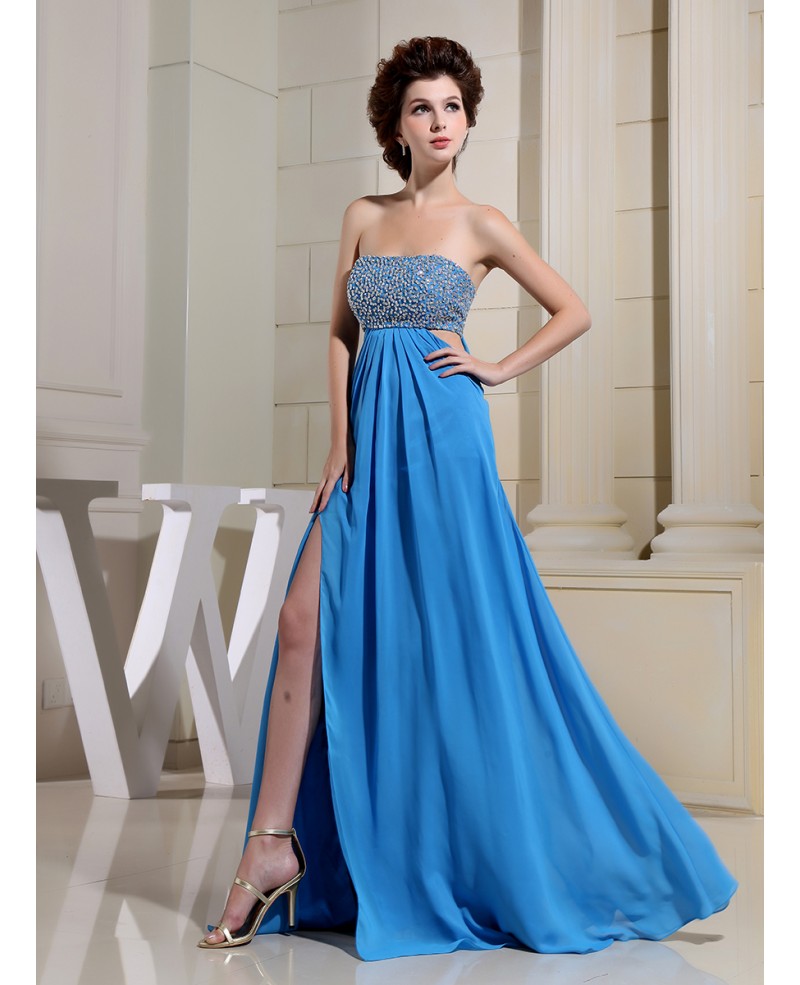 A-line Strapless Floor-length Chiffon Prom Dress With Beading