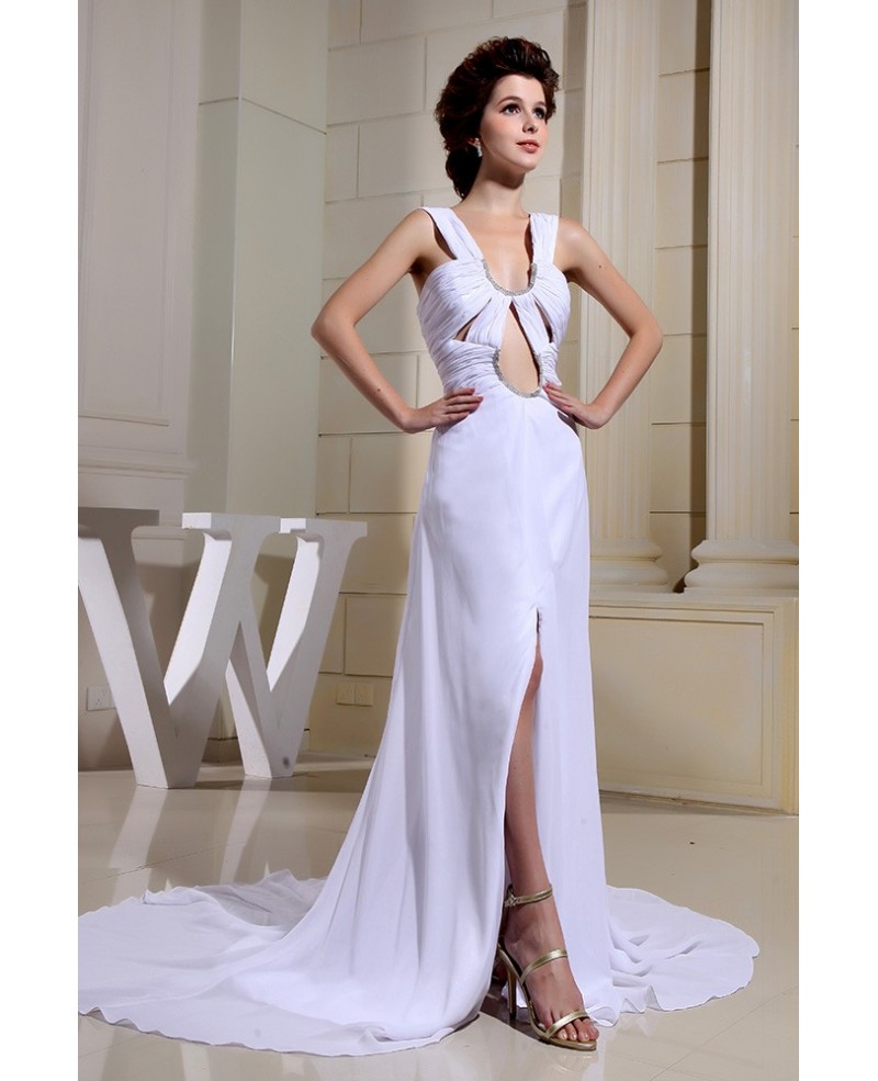 A-line Scoop Neck Court Train Chiffon Evening Dress With Split - Click Image to Close