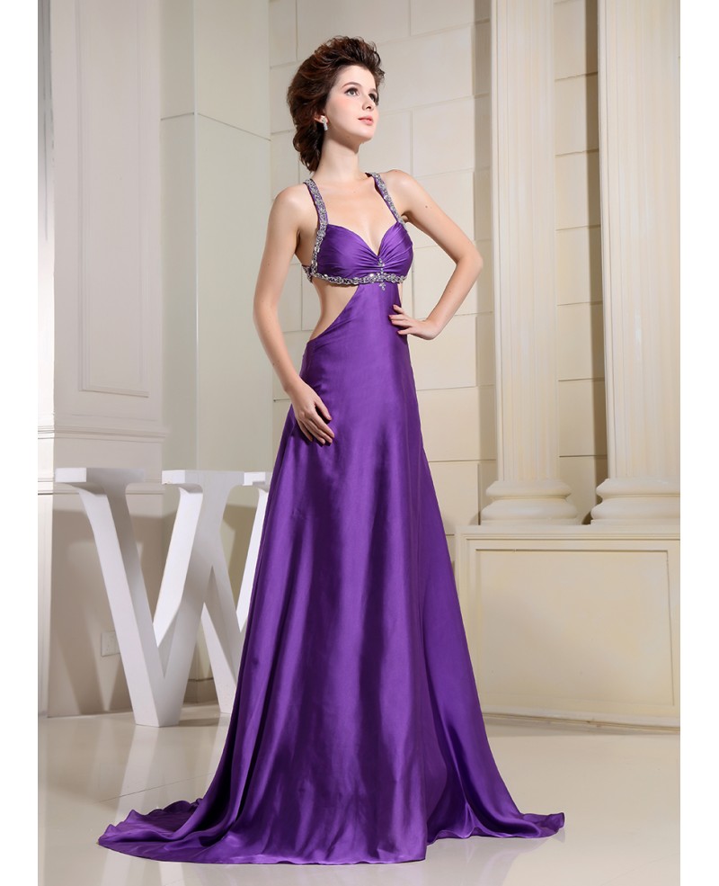 A-line Sweetheart Sweep Train Satin Evening Dress With Beading