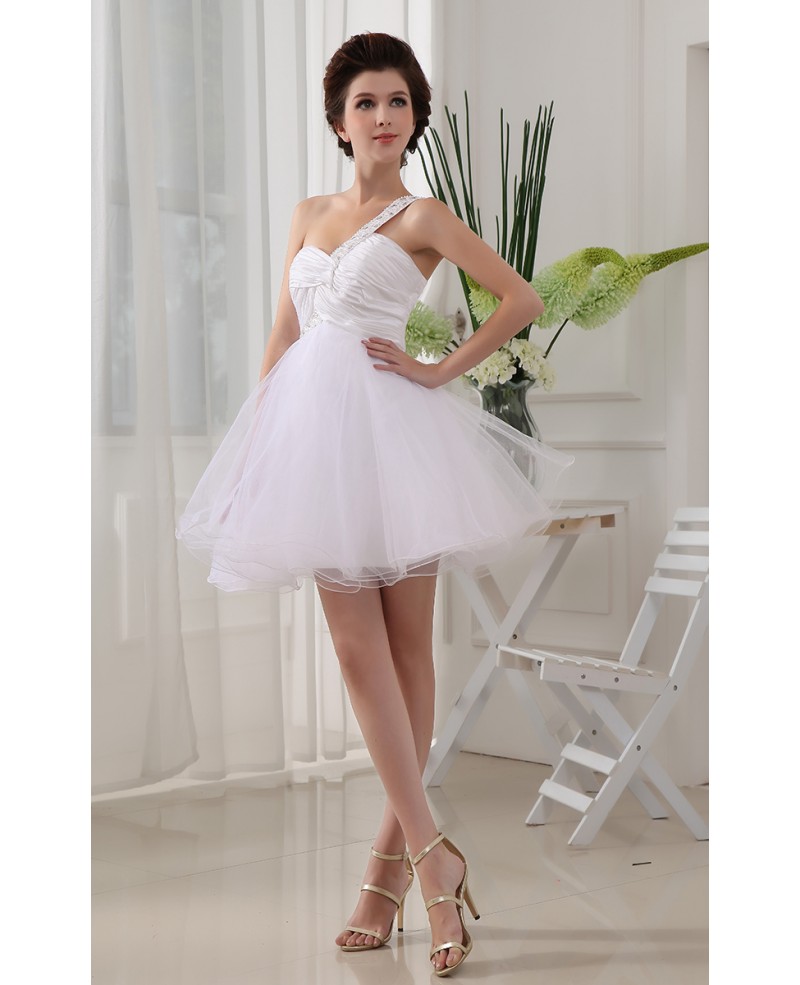 A-line One-shoulder Short Tulle Prom Dress With Beading - Click Image to Close