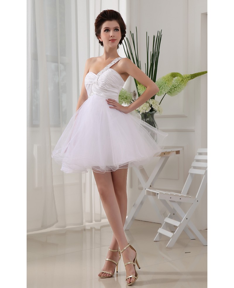 A-line One-shoulder Short Tulle Prom Dress With Beading