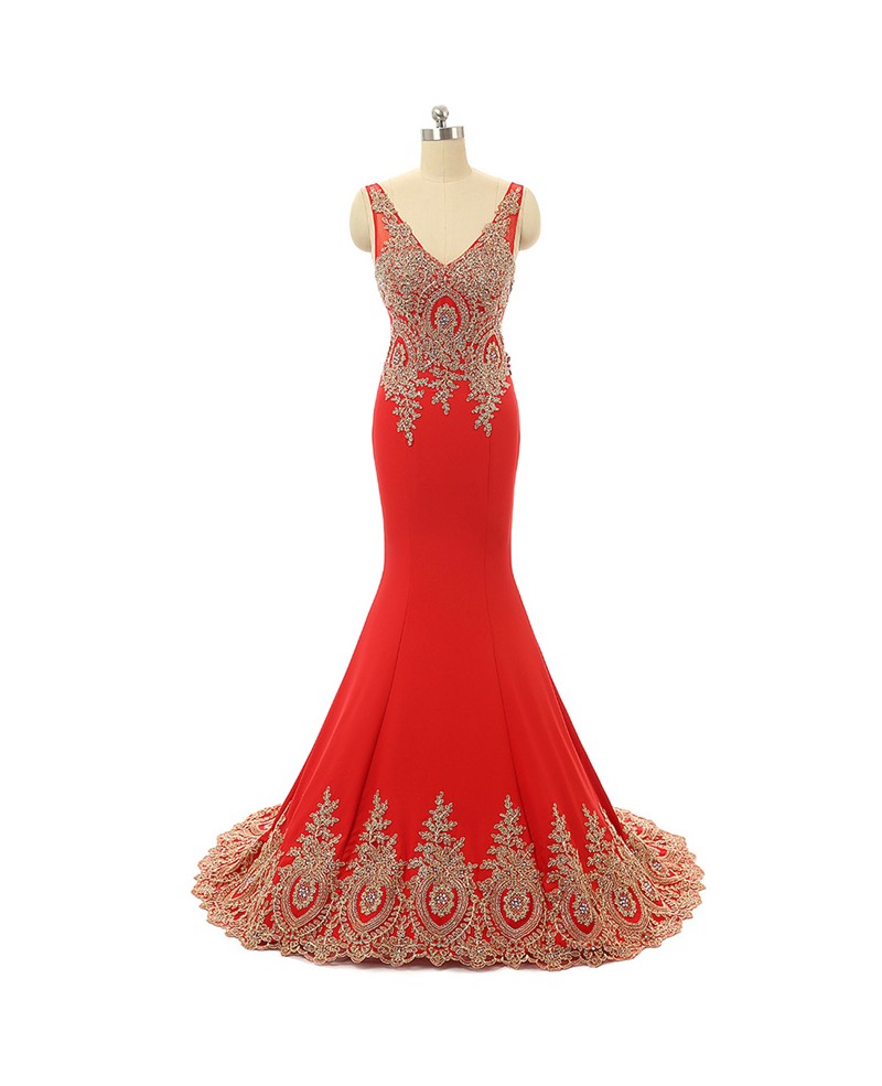 Red Mermaid V-neck Sweep-train Prom Dress with Beading