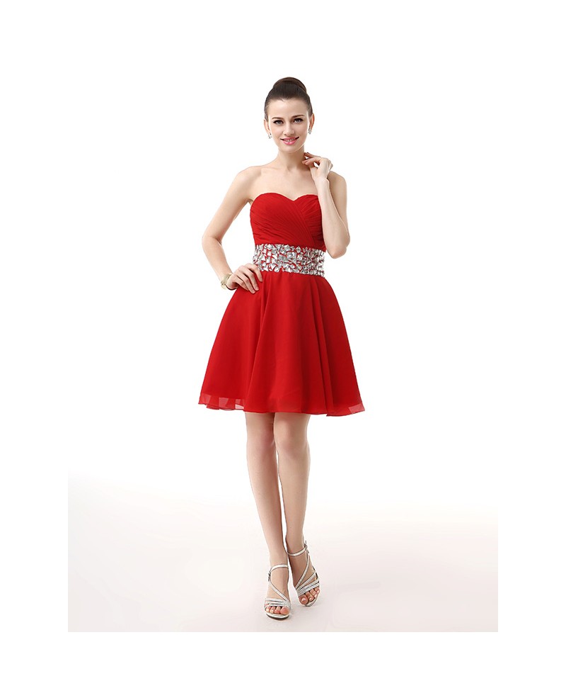 Little Short Pleated Sweetheart Beaded Waist Mini Chiffon Prom Dress