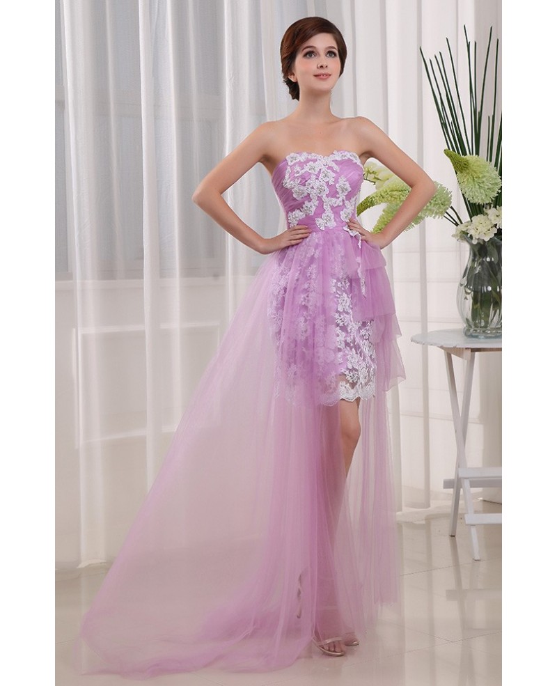 A-line Strapless Asymmetrical Lace Chiffon Prom Dress