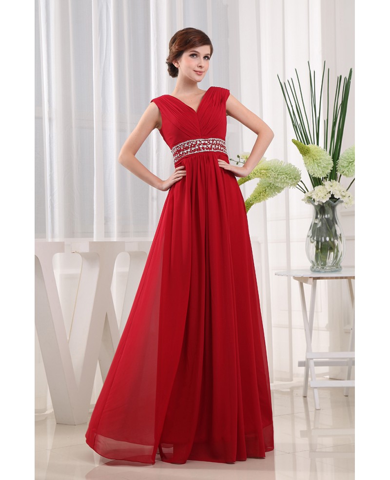 A-line V-neck Floor-length Chiffon Prom Dress With Beading