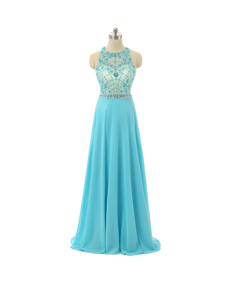 A-line Halter Sweep-train Prom Dress with Beading
