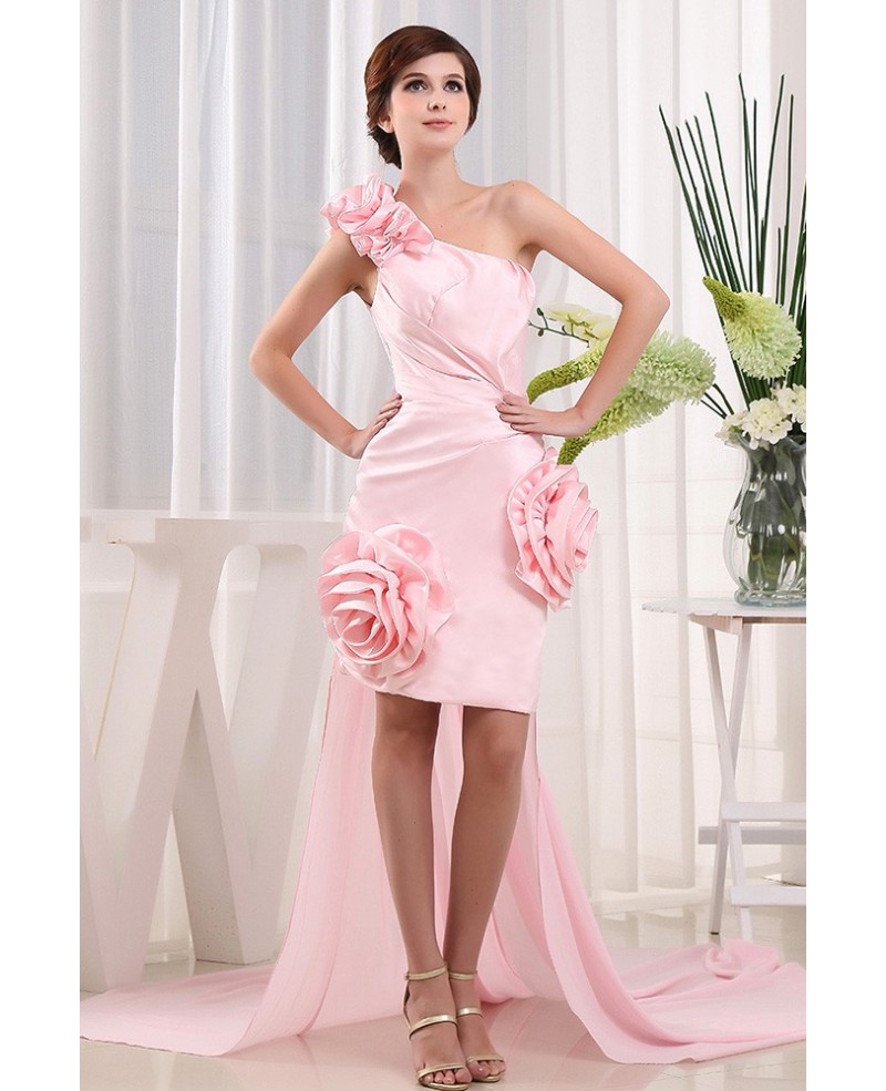 A-line One-shoulder Asymmetrical Satin Prom Dress With Flowers - Click Image to Close