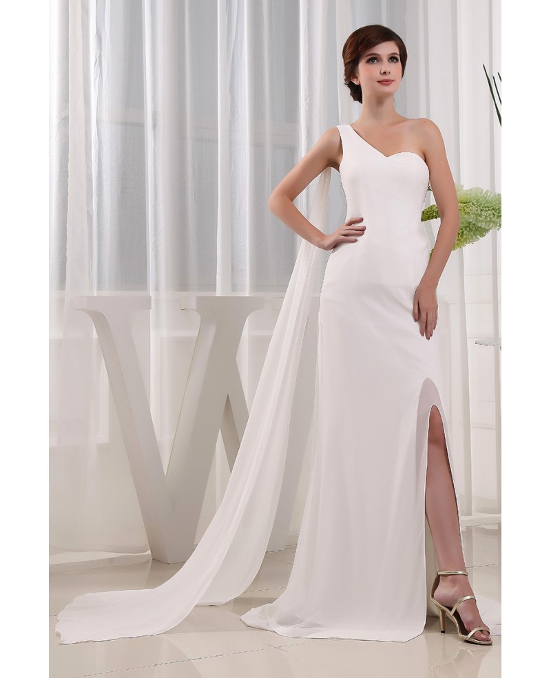 A-line One-shoulder Sweep Train Chiffon Evening Dress