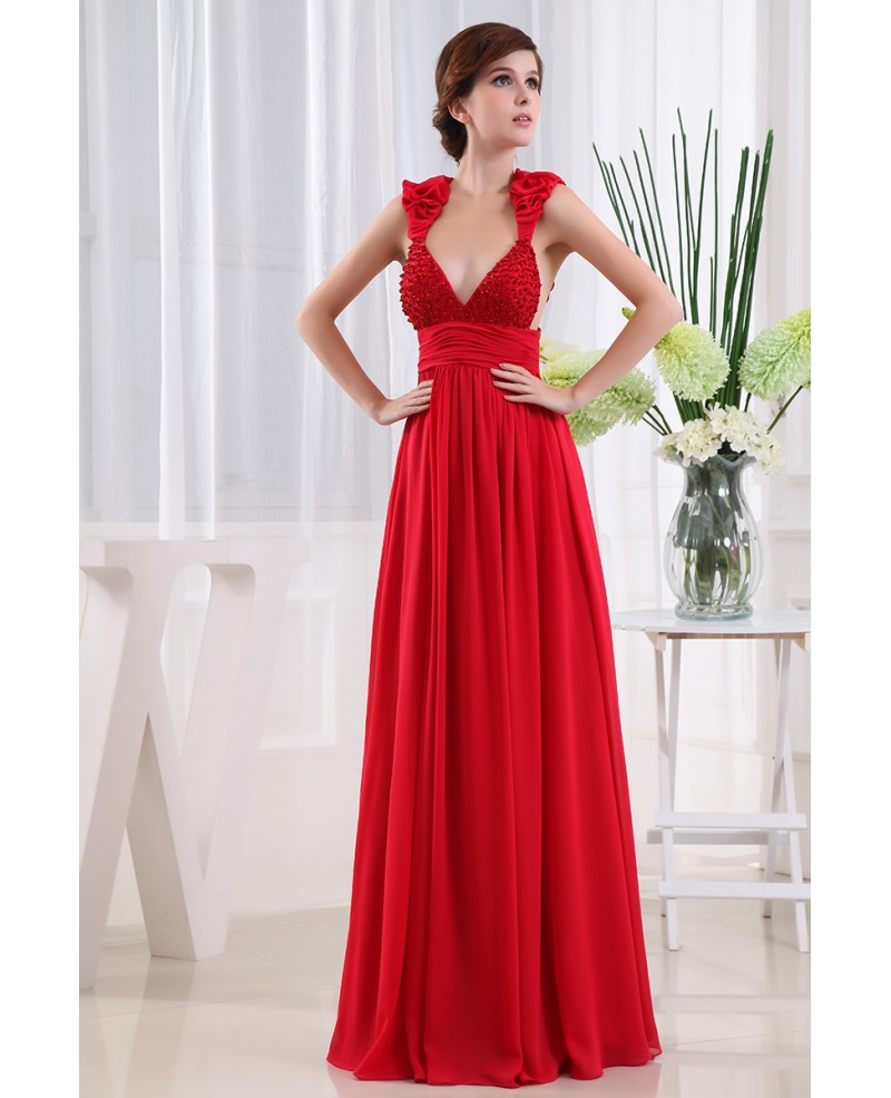 A-line V-neck Floor-length Chiffon Evening Dress With Beading