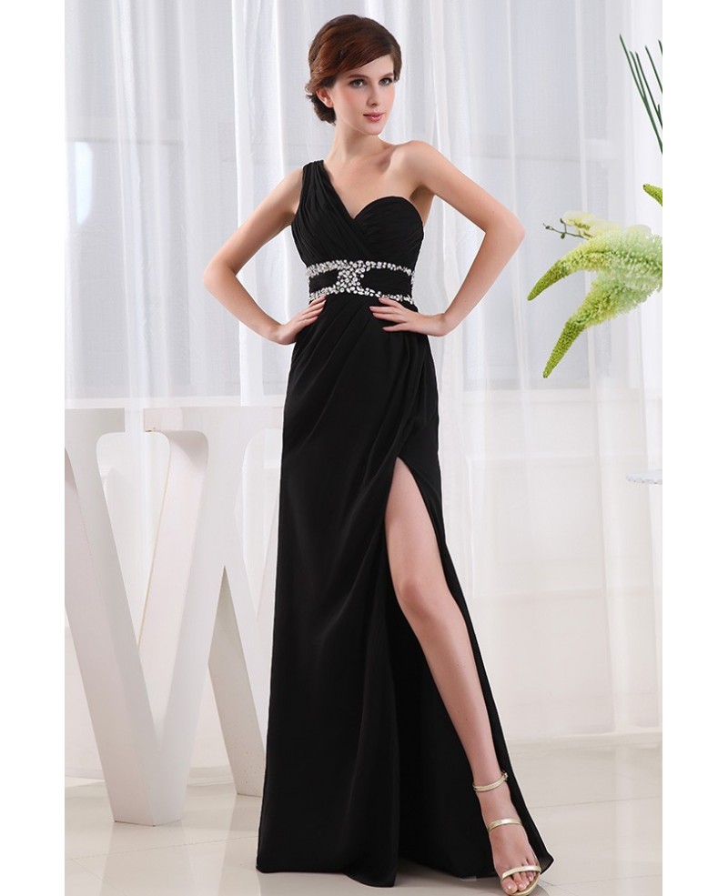 A-line One-shoulder Floor-length Chiffon Evening Dress With Beading - Click Image to Close