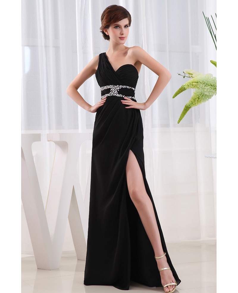 A-line One-shoulder Floor-length Chiffon Evening Dress With Beading