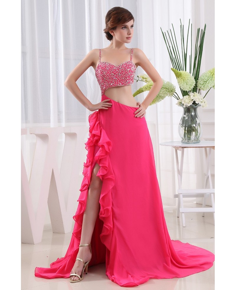 A-line Sweetheart Court Train Chiffon Prom Dress With Beading